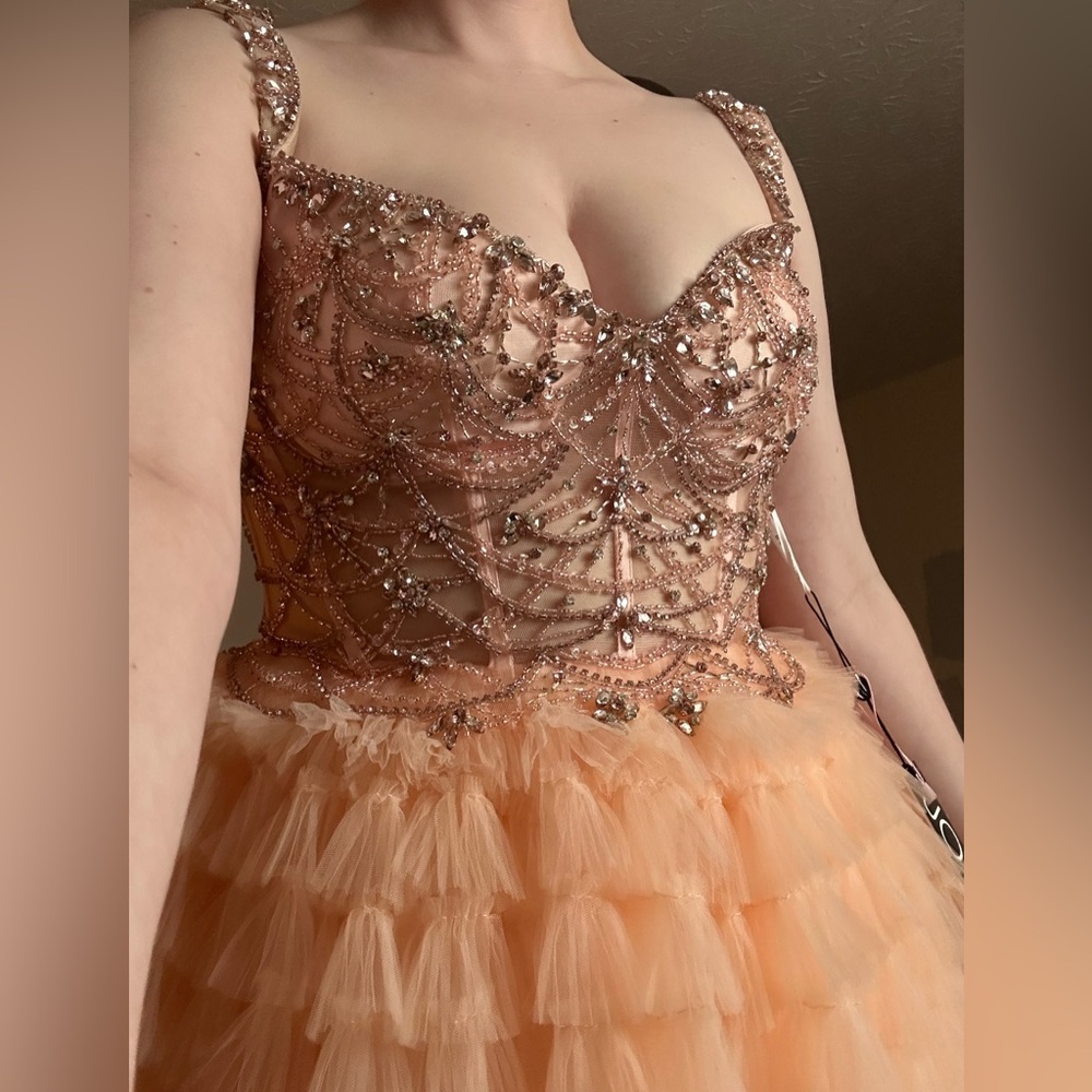 NEW WITH TAGS Jovani Size 4 Style 37438 Ball Gown Ruffle Slit Beaded Top